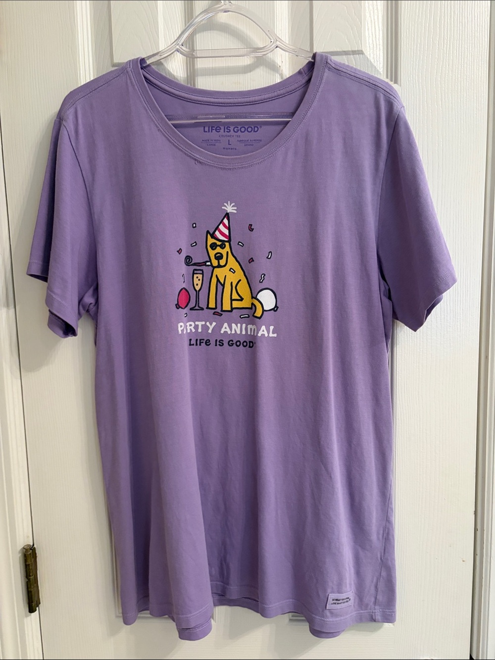 Life Is Good Women’s Sz Large Purple “ Party Animal” Tee - Excellent Condition